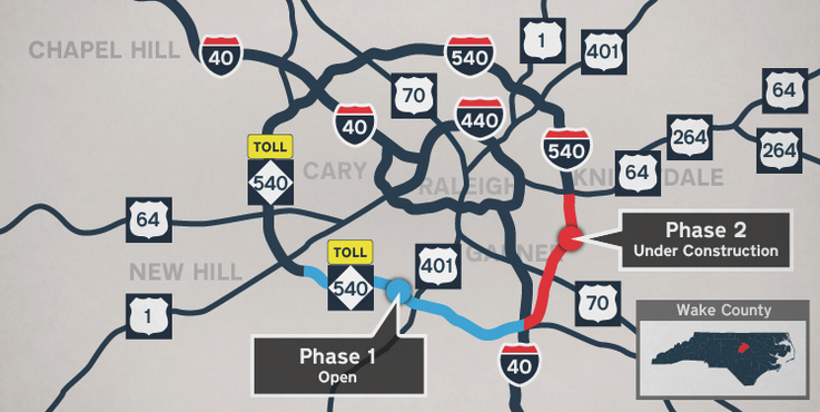A map of the Triangle area featuring construction on the Complete 540 project.