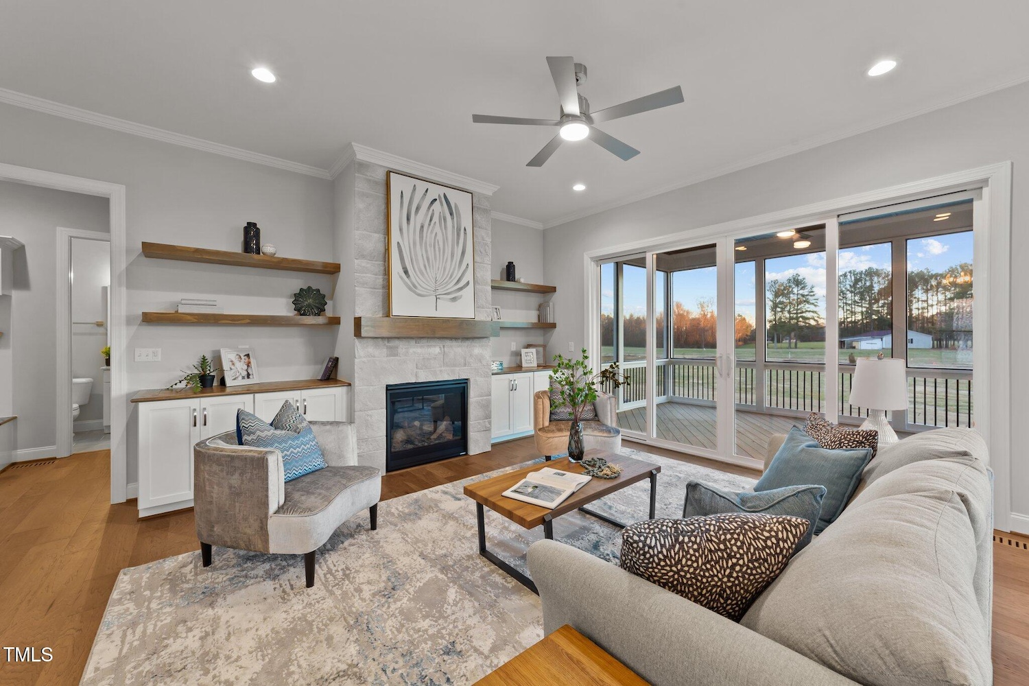 modern living room with furniture and sliding glass door
