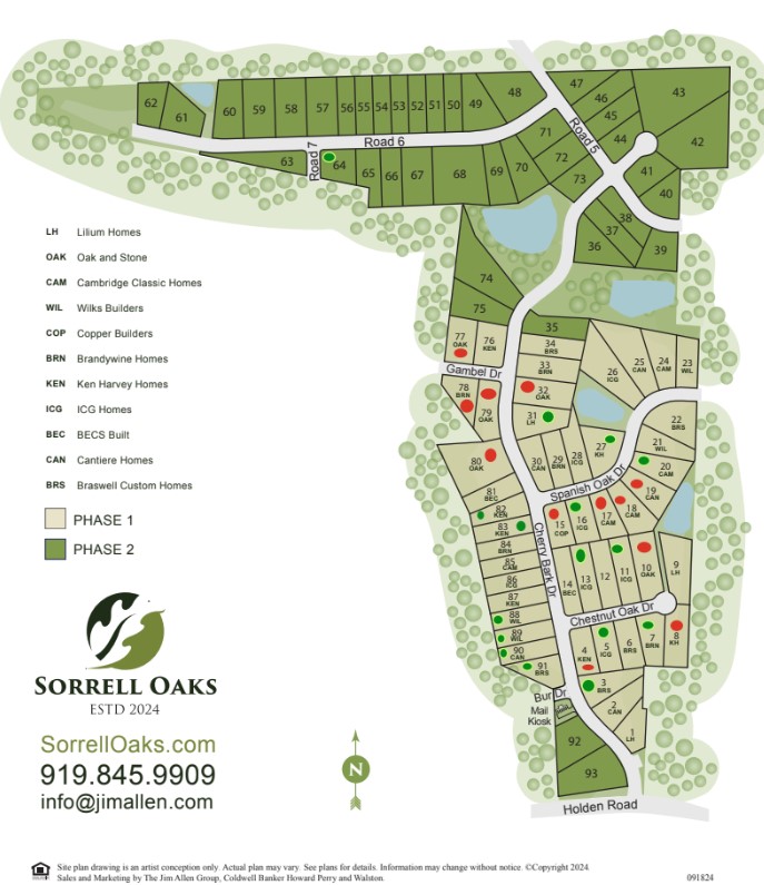 Sorrel Oaks Sitemap listing lot number and builder, builder code included in map key