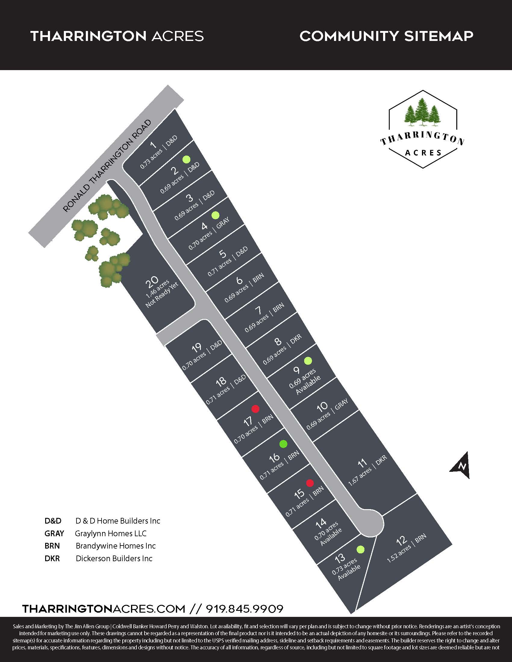 Tharrington Acres Sitemap including lot number, acreage, builder, and status