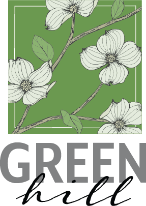 The Green Hill logo on a transparent background. The logo features a green square with white flowers on top.