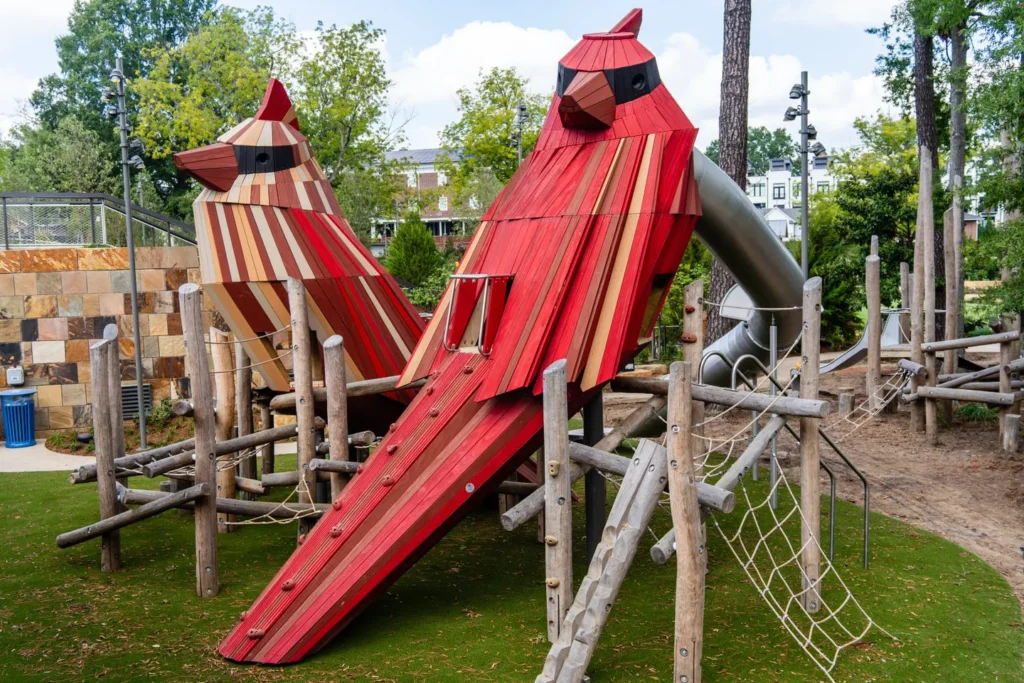 Downtown Cary Park has climbing structures designed as cardinals