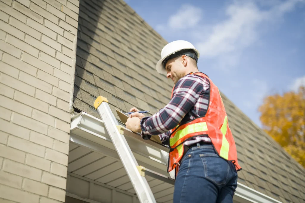 A man looks at the roof of a home as he performs a home inspection
