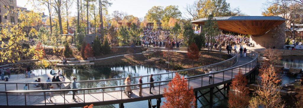 A walkway at Downtown Cary Park is part of Cary, NC, one of the best suburbs for families and young professionals.