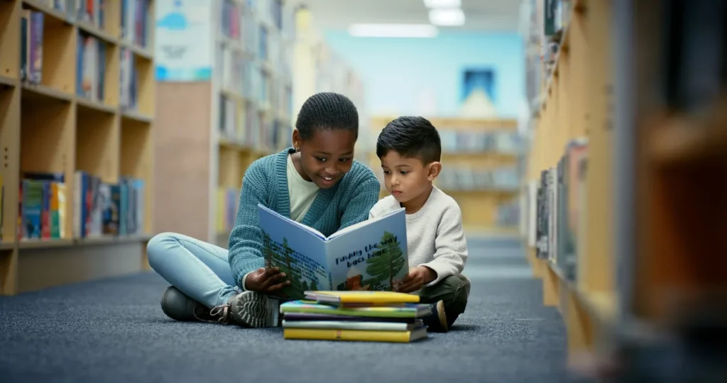 Children read a book together while sitting on the floor at the public library. The Oberlin Regional Library will host its summer reading wrap-up party to celebrate the end of the program.