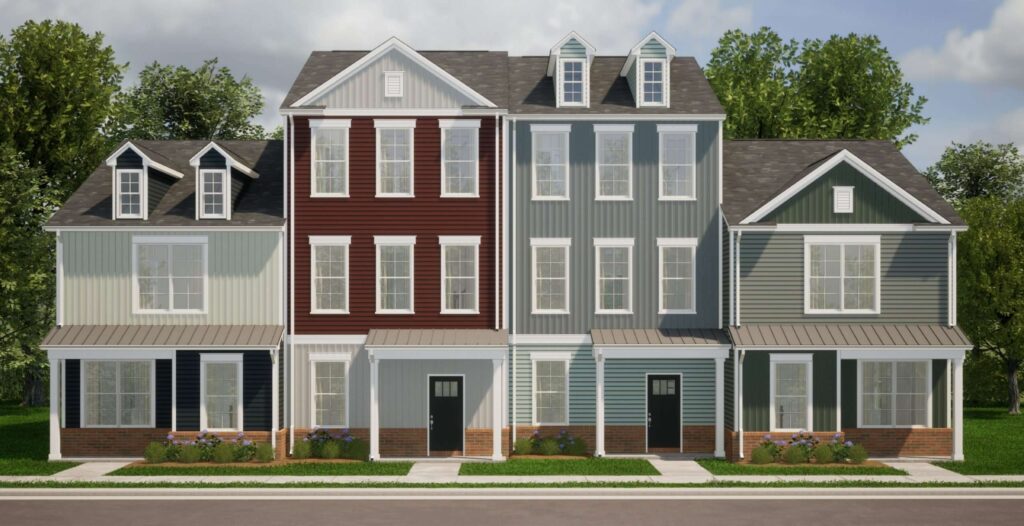 A row of townhomes from The Pearl in Garner. If you're weighing townhome vs single-family new construction, a townhome community may be worth checking into.