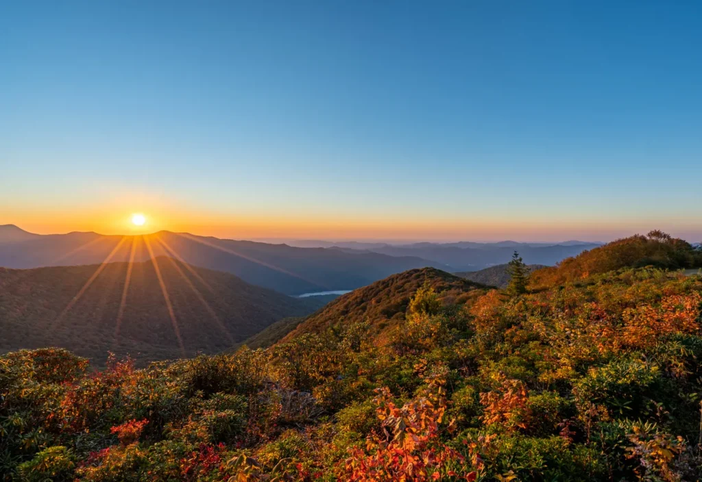 Beautiful Fall Foliage of Pisgah National Forest with a Vibrant Sunrise on the Blue Ridge Parkway' Craggy Gardens Area Around Asheville North Carolina
