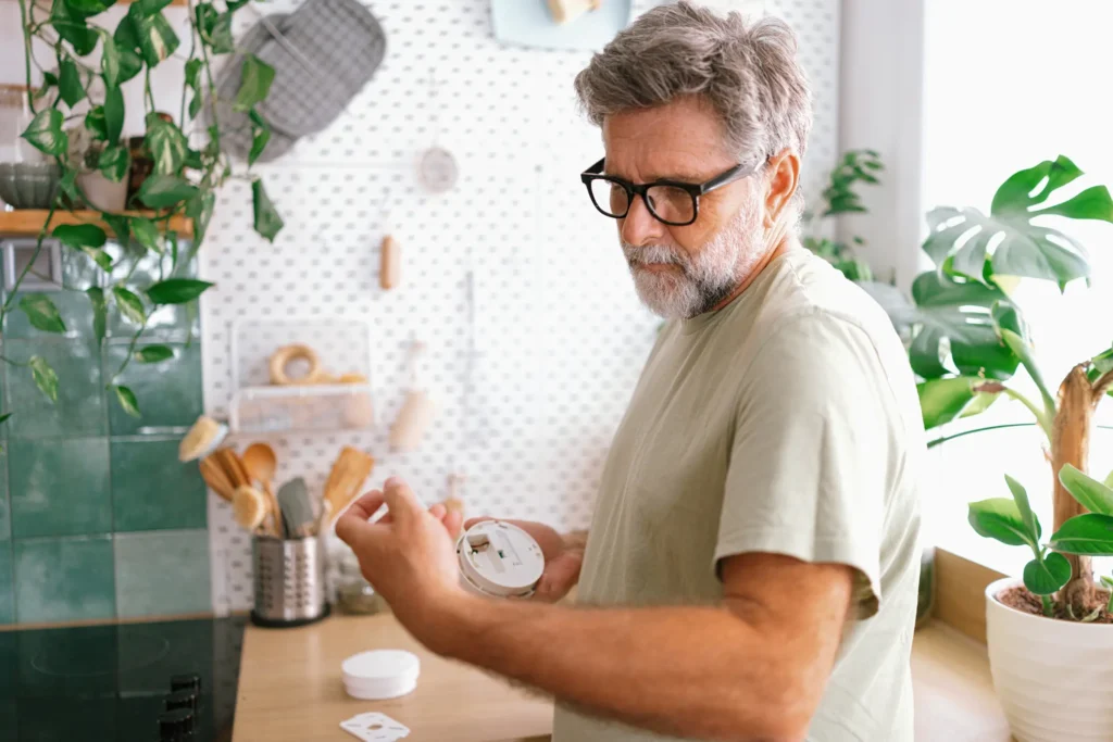 A man replaces the batteries in his smoke detector, which is one of the steps to do in your winter home maintenance checklist.